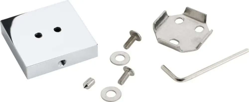 Befestigungsset mit Metallteilen, inklusive einer oberen Platte, Schrauben und einem Imbusschlüssel, geeignet für Ideal Standard Produkte.